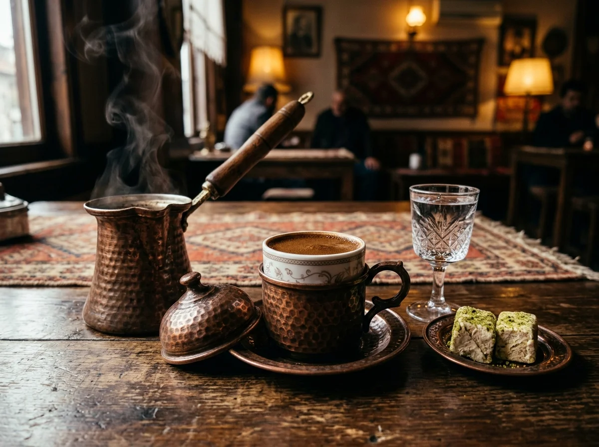 Bakır fincan zarfında bol köpüklü taş dibek kahvesi, bakır cezve ve çekme helva