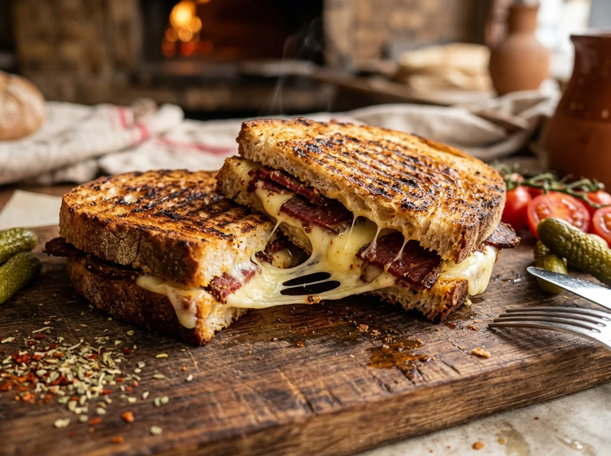 Köy ekmeğinde tereyağlı ızgarada kızarmış, içi erimiş kaşar ve Kastamonu pastırmalı tost